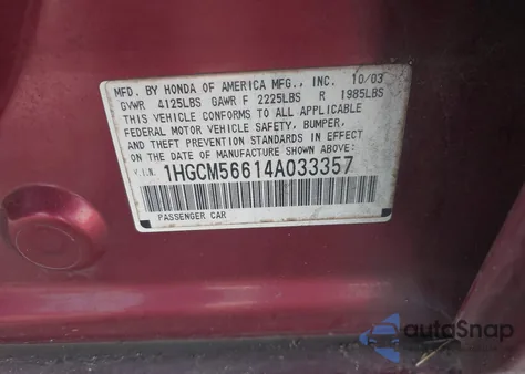 2004 Honda Accord 2.4 Ex from USA, damaged, VIN 1HGCM56614A033357